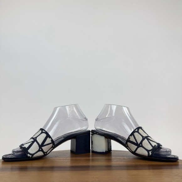 Womens Valentino Garavani Vlogo 50 Toile Navy Blue Heeled Slides Sandals Size 37 - Picture 5 of 10